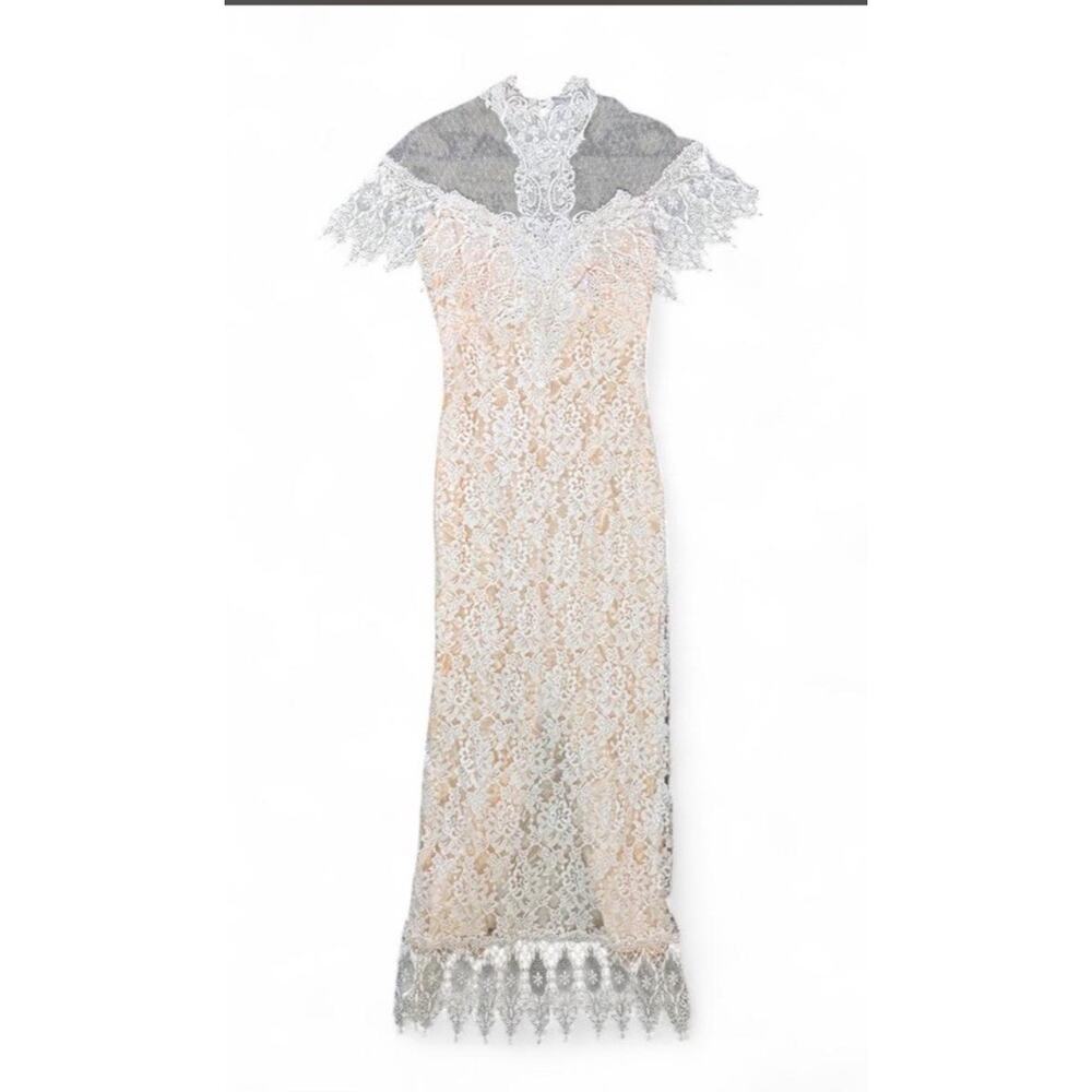 Vintage Loralie 1980s Ivory Floor Length Lace Formal Prairie Dress Medium USA - Picture 2 of 8
